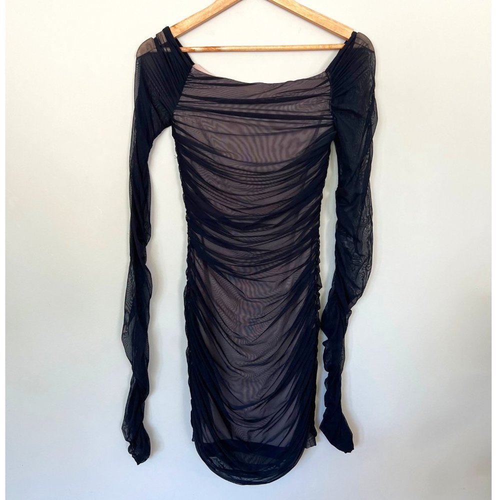 BEBE Mini Dress Womens XS Black Off Shoulder Ruched Bodycon Cocktail Sexy